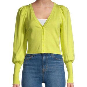 525 America V-Neckline Puffed-Sleeve Ribbed Cropped Cardigan Size Large